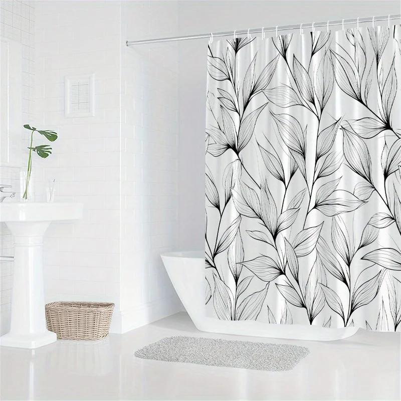 Abstract Botanical Shower Curtain Black White Line Art Elongated Leaves Minimalist Design Polyester Bathroom Decor