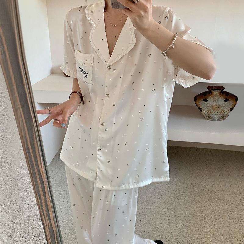 1011 new pajamas women's summer ice silk short-sleeved trousers set Korean fresh cartoon printed loungewear