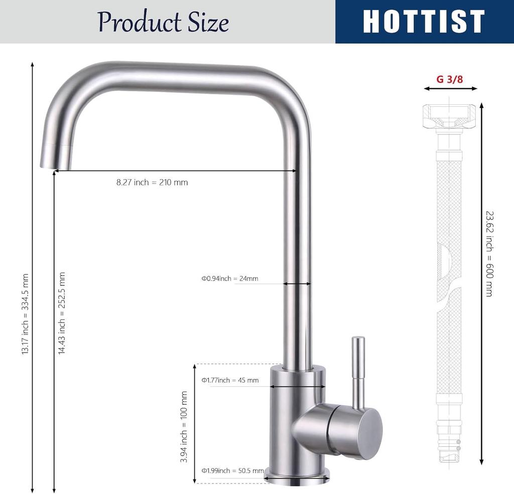 Kitchen Faucet, 360° Swivel Mixed Battery Kitchen Faucet, High Pressure High Bow Single Lever Kitchen Faucet, Dishwasher Faucet with G3/8 Connector,