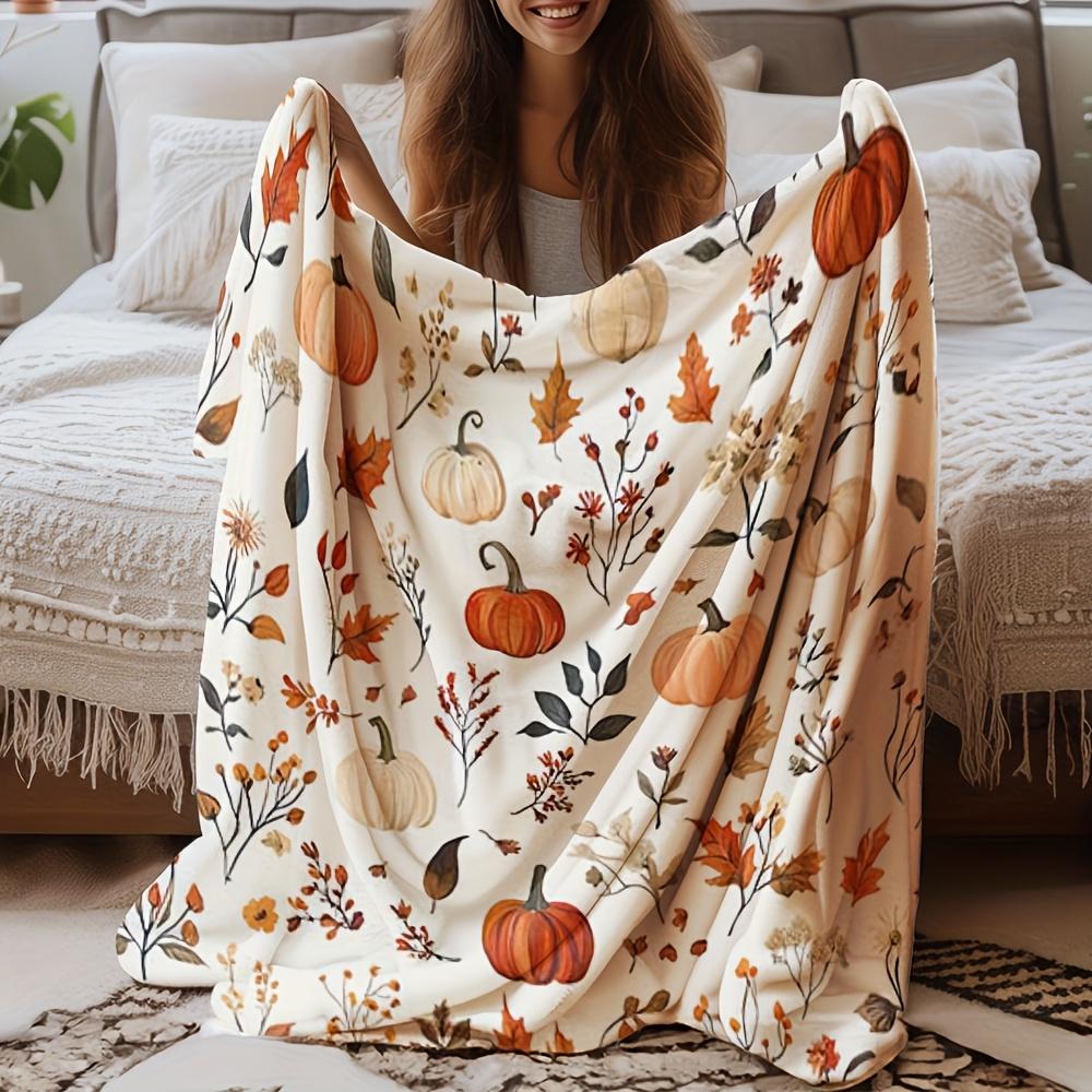 1 Pc Four Season Flannel Blanket Soft Beige Pumpkin Autumn Leaf Prints Light Sofa Bed Decor Holiday Gift Machine Washable Retro