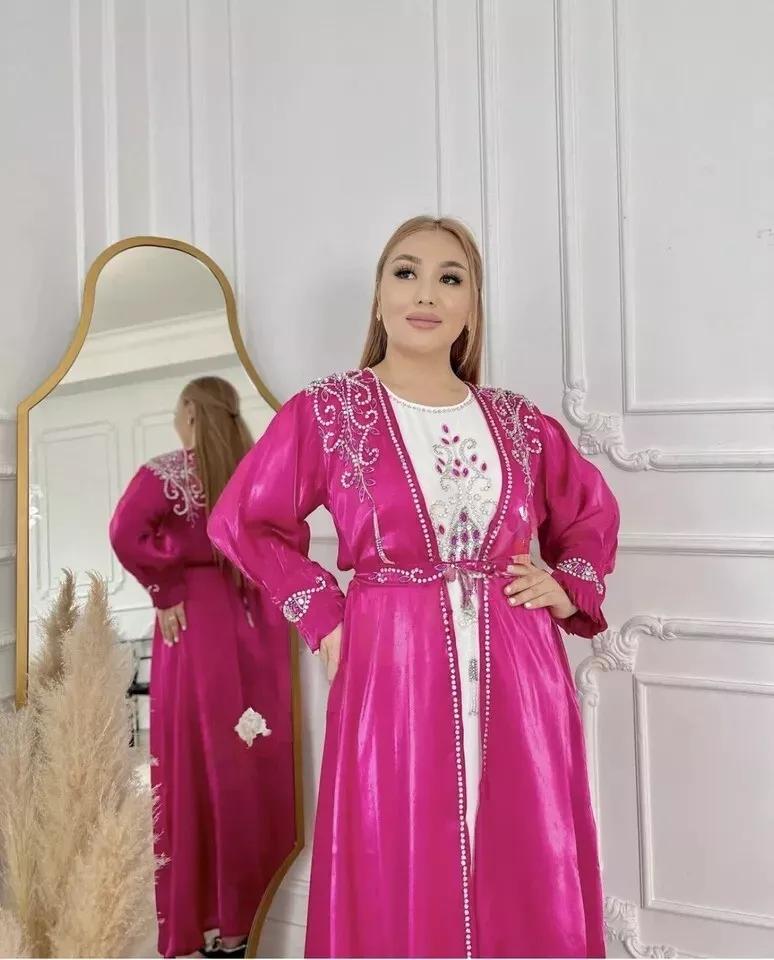 

Дубай Марокканское платье ручной работы Стильное длинное исламское платье Фараша Кафтан Абая FREE SIZE розовый