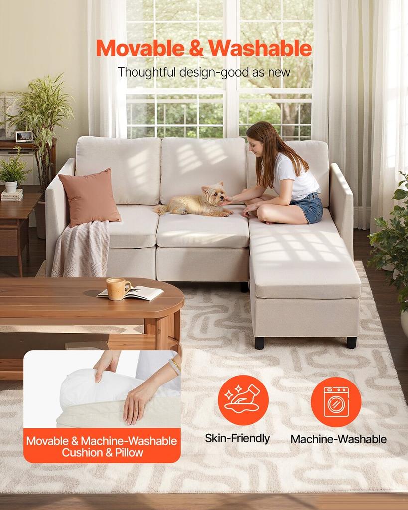 Modular Sectional Sofa, 3-Seater Modular Sofa with Hidden Storage, Cloud Sectional Couch with Ottoman & High Rebound Sponge, Solid Wood Frame