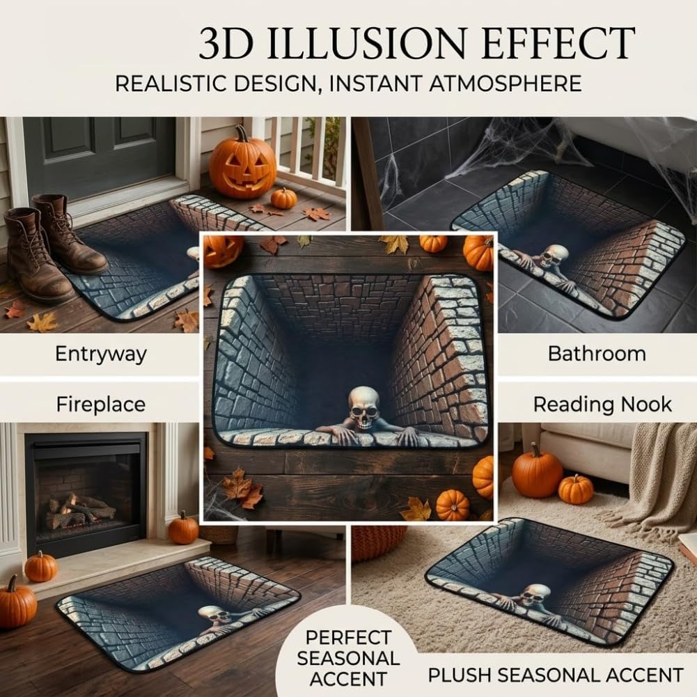 Alfombra 3D de Halloween Alfombrilla Ilusión de Esqueleto Espeluznante Para Decoración del Hogar Alfombrilla de Esqueleto Antideslizante Para Dormitorios Salas de Estar Entradas y Fiestas