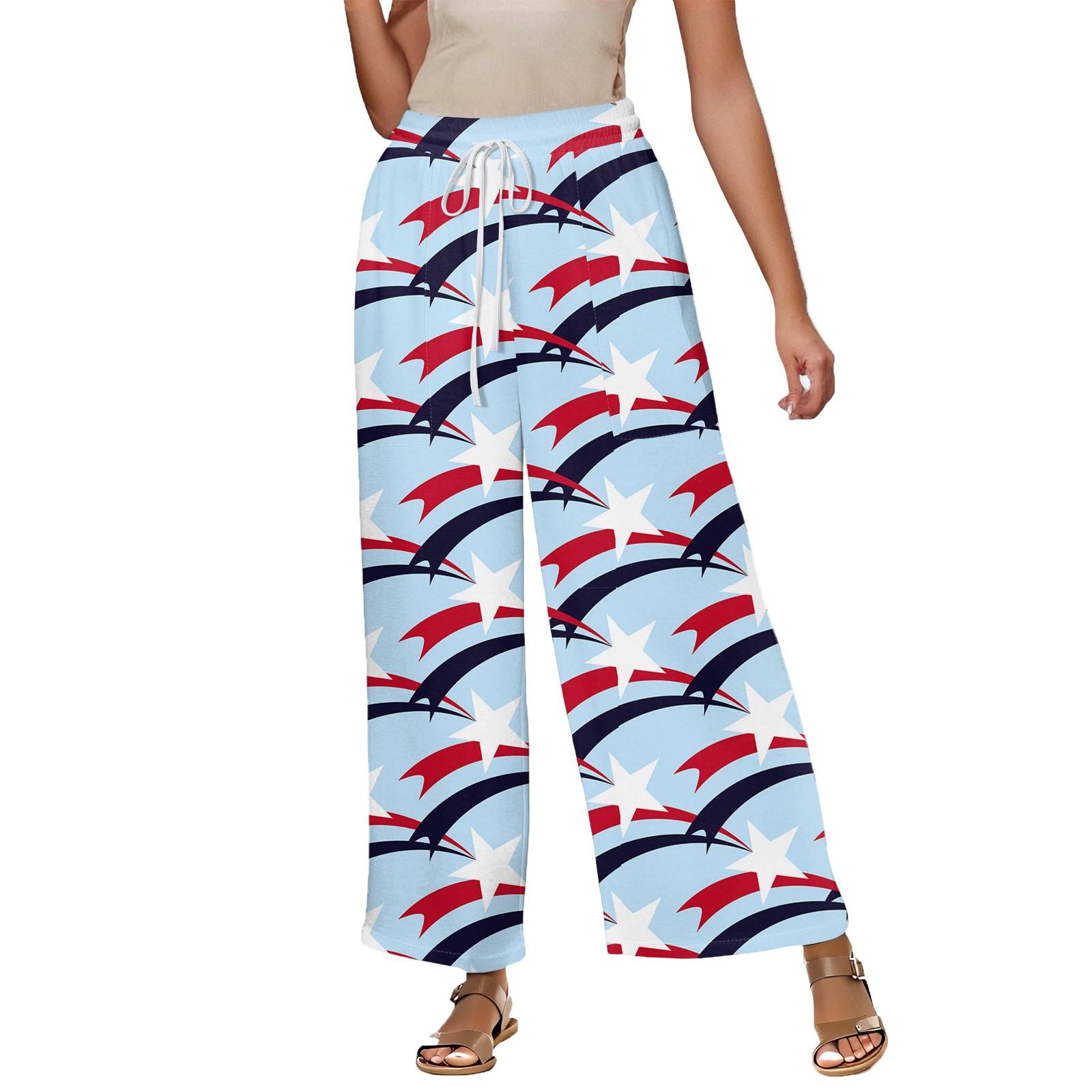 Women s Summer Elastic Waist Independence Day Printed Cotton And Linen Loose Cropped Pants M винный