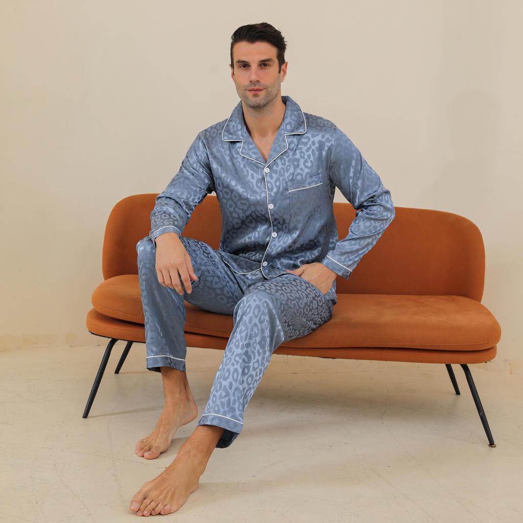 Moolmeyno Men's Ice Silk Pajamas Long Sleeve and Pants Set