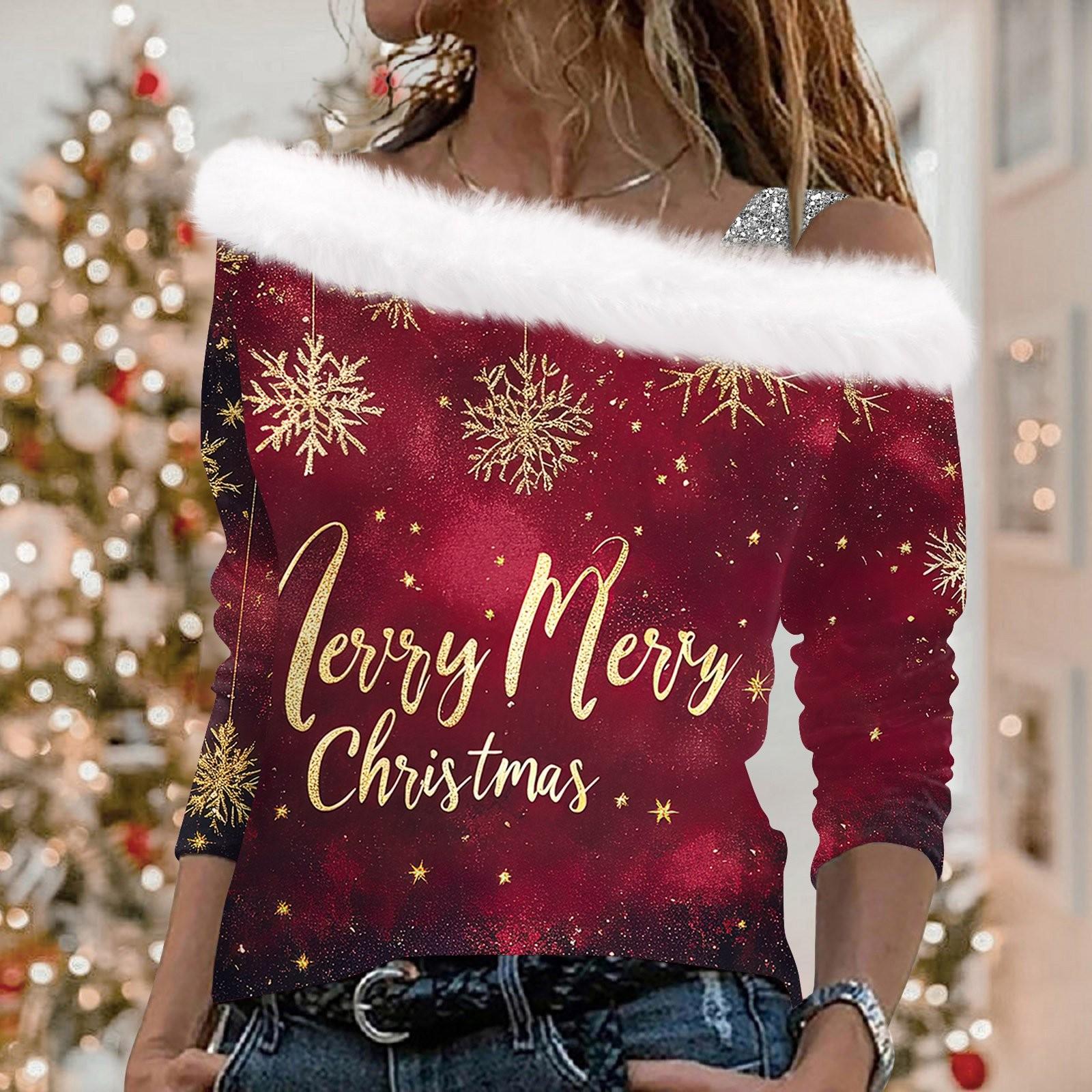 

Женские топы с длинным рукавом, модные женские свободные пуловеры с рождественским принтом и открытыми плечами S красный