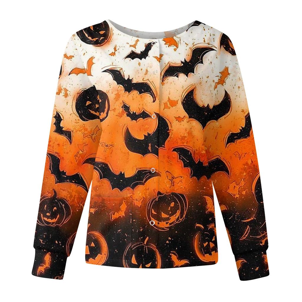 Women's Casual Fashion Long Sleeve Standing Collar Single Breasted Halloween Printed Workwear Jacket Tops