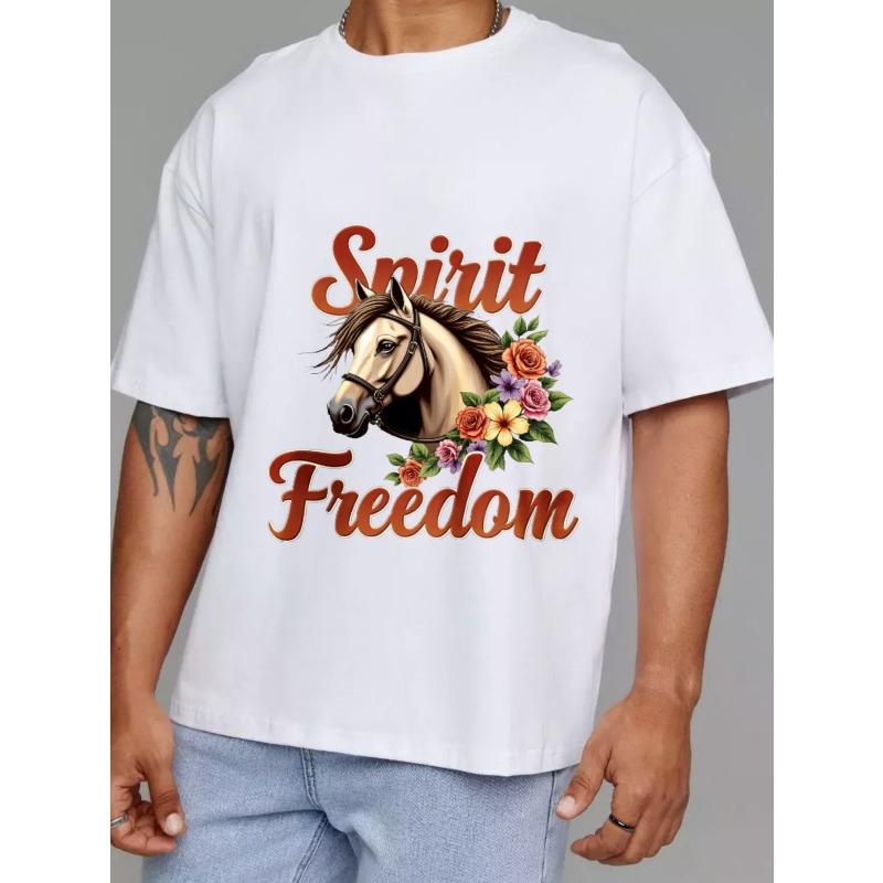 Spirit Freedom Horse Floral Print T Shirt White Men Casual Wear Outdoor Adventure Fashion Statement Top