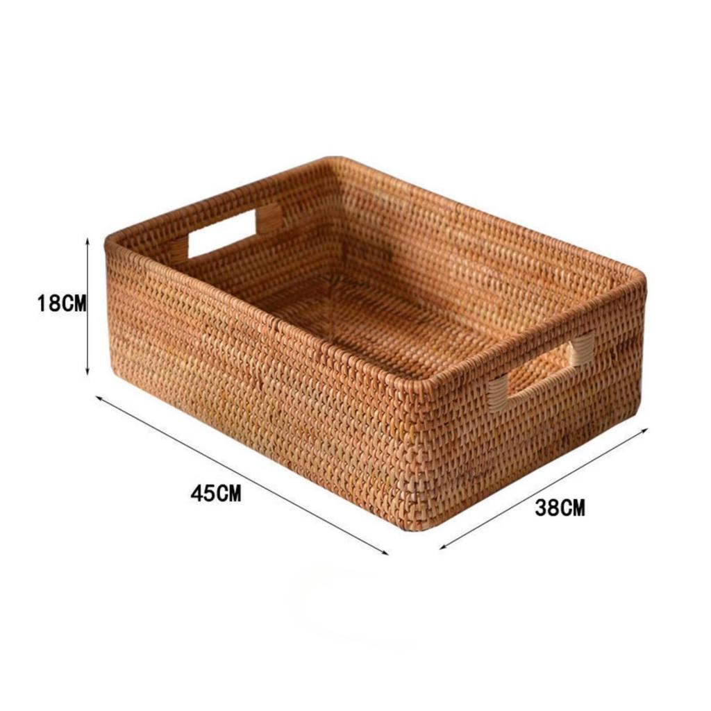 Rectangular Rattan Storage Basket with Handles Sturdy Handwoven