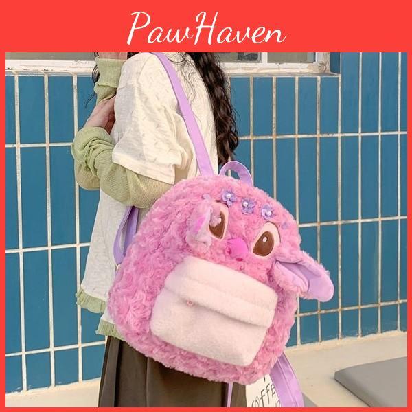 Cartoon Cute Pink Angel Flower Decor Plush Backpack For Students Daily Use
