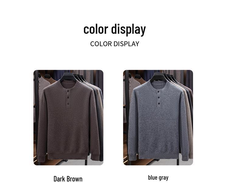 Men's Luxury 100% Cashmere Pullover - Skin-Friendly, Warm Base Layer with Button Collar for All Ages