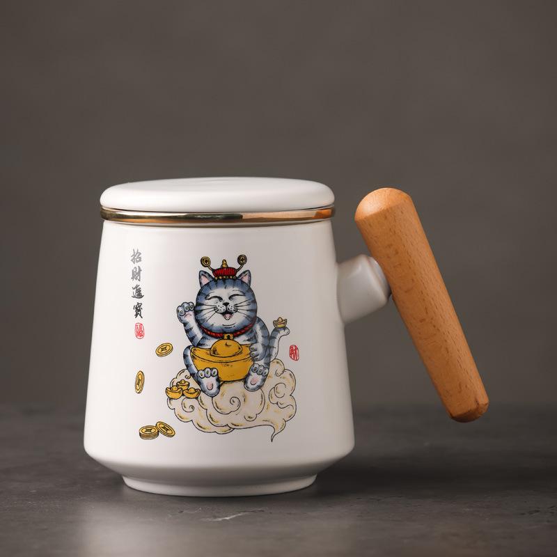 Lucky Cat Has A Bright Future Ceramic Cup, Cartoon Animal Cup Filter Cup As A Gift.