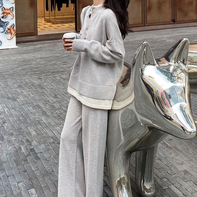 2025 Autumn Fashion: Women's Knit Sweater & Wide-Leg Pants Set for Plus Size