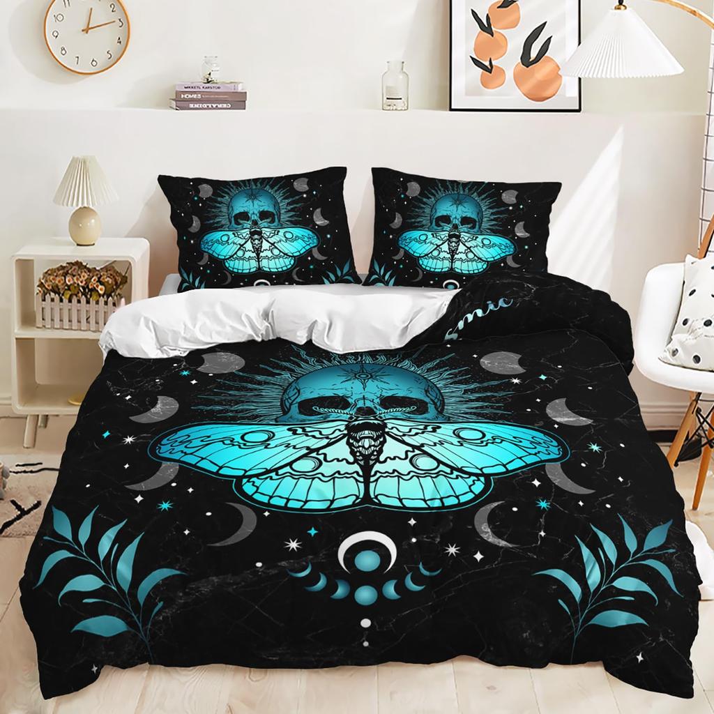 Blue Butterfly Duvet Cover Set Bohemian Moth Mushroom Comforter Cover Hippie Wild Fungus Pattern Home Room Decor Bedding Sets
