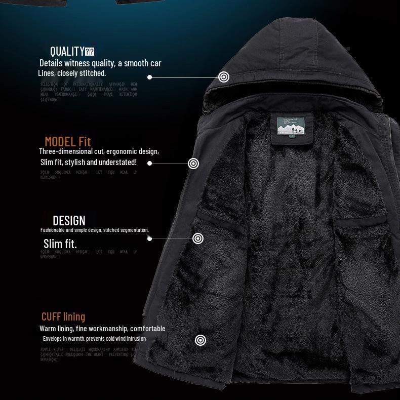 Men's Plus Velvet Thick Cotton Jacket with Lambswool - Warm Winter Workwear Outerwear for Cold Protection