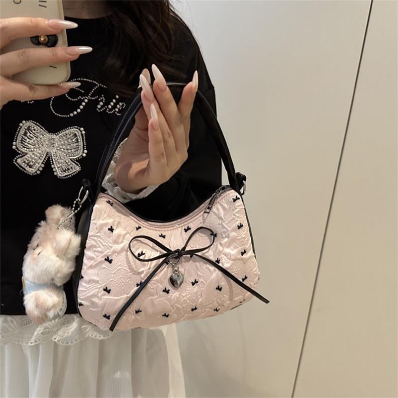 Cute Bowknot Print Shoulder Bag With Plush Pendant Crossbody Bag Handbag Girly Tote Commuter Bag Women Underarm Bag Gift