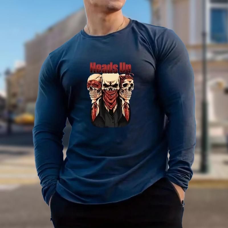 Creative Skull Print Men's Tshirts Long Sleeve Tees Round Neck Casual Pullover Men's Clothing Plus Size