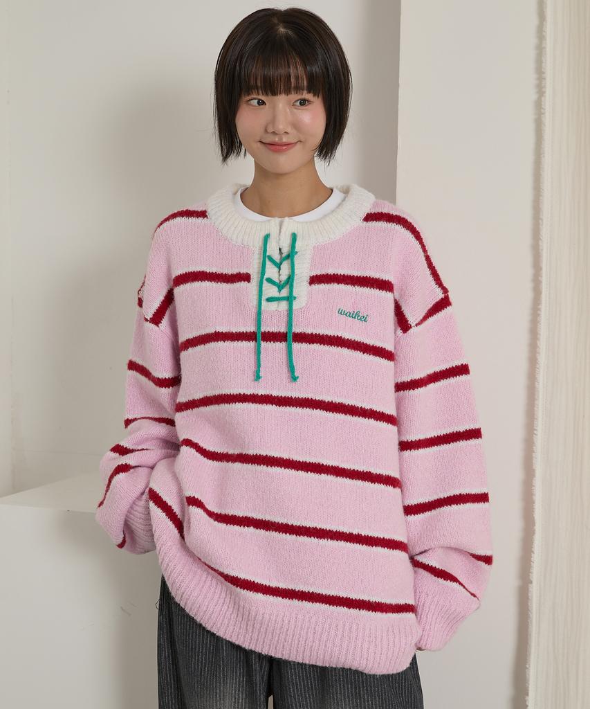 WAIKEI Striped Boucle Knit Pink