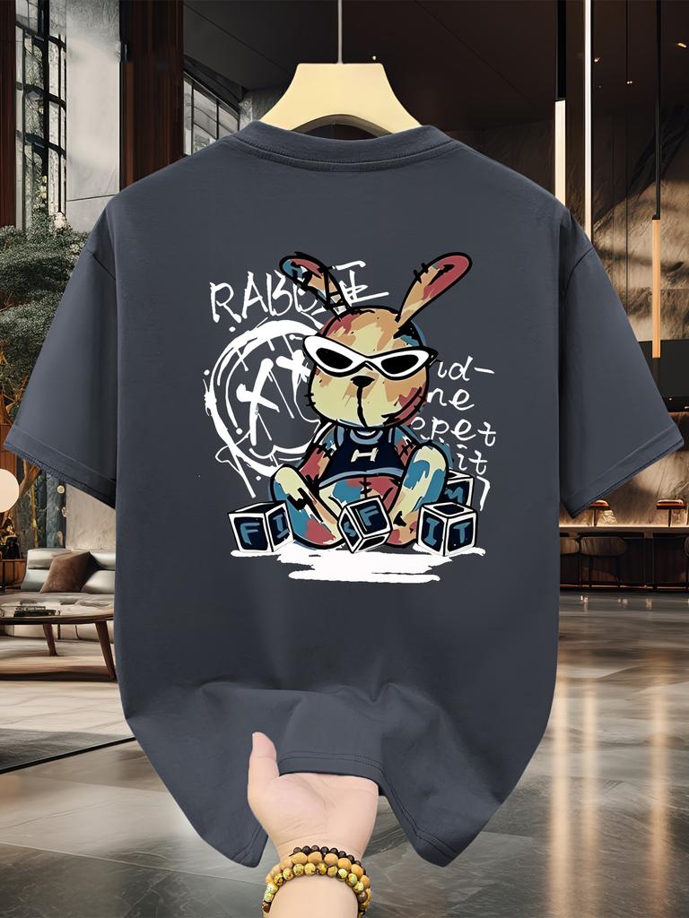 Men's summer 100% pure cotton fashionable casual loose black rabbit cartoon pattern printed round neck short sleeved T-shirt top