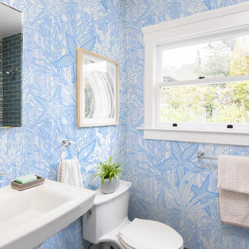 Ocean Peel and Stick Wallpaper White Blue Coral Starfish Contact Paper Self Adhesive Removable Coastal Wallpaper for Bathroom