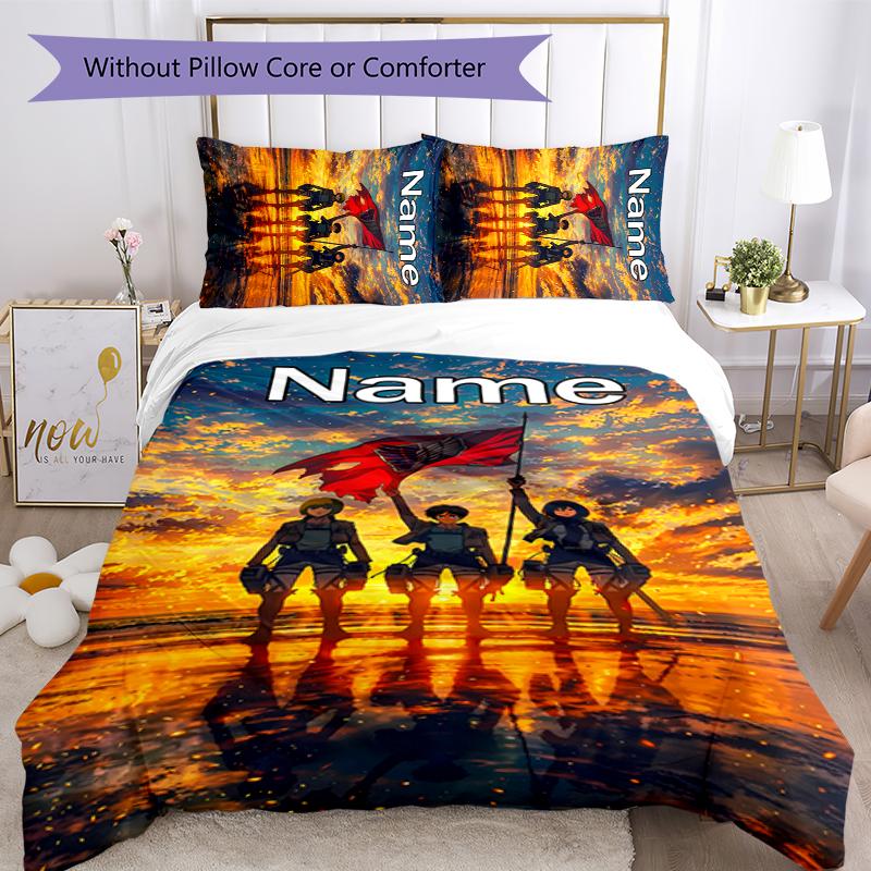 3pcs Custom Name Attack on Titan Bedding Set Duvet Cover Closure Includes 1 Duvet Cover & 2 Pillowcases for All Seasons Bedroom Decor