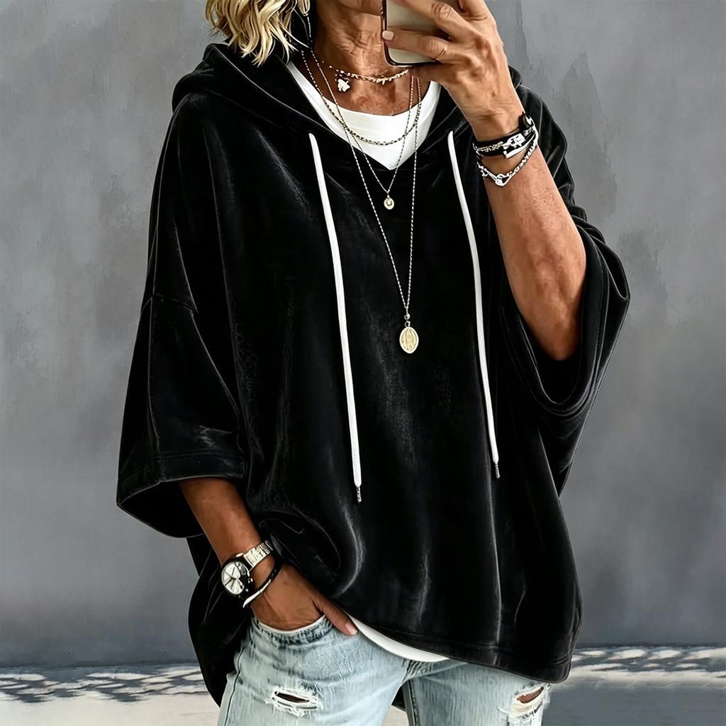 Women's Casual Velvet Hooded Pullover Top with and 3/4 Sleeves