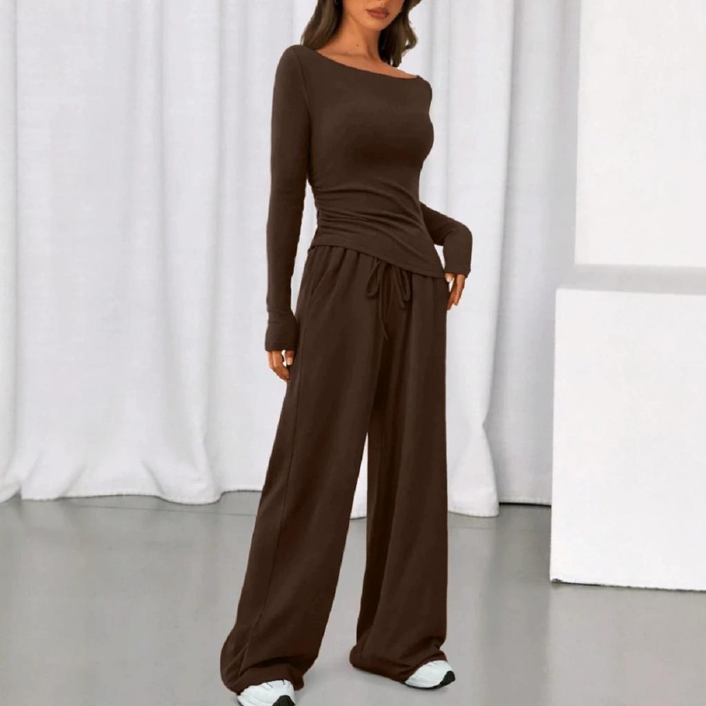 1116 Autumn Explosive Casual Suit Asymmetrical Long Sleeve T-Shirt Wide Leg Pants Casual Sportswear Women