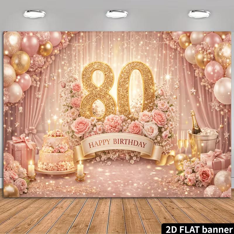 Tapiz de Pared 2D Oro Rosa Floral para 80 Cumpleaños Tela de Fondo