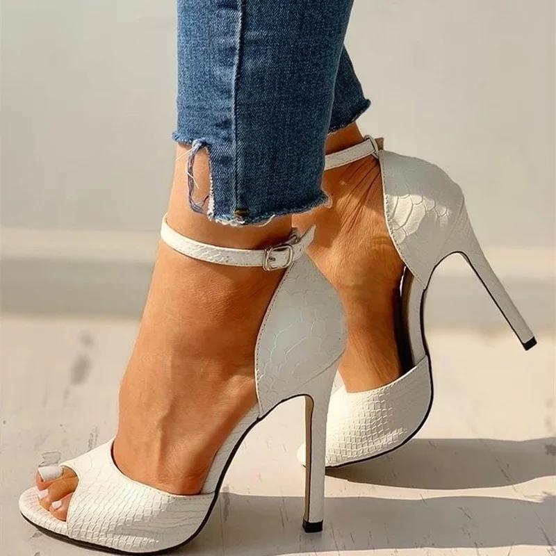 Fashion Sexy White Dress Wedding Shoes Women Ankle Strap Peep Toe High Heel Sandals Super High Heels Buckle Snake Pattern Woman Pumps