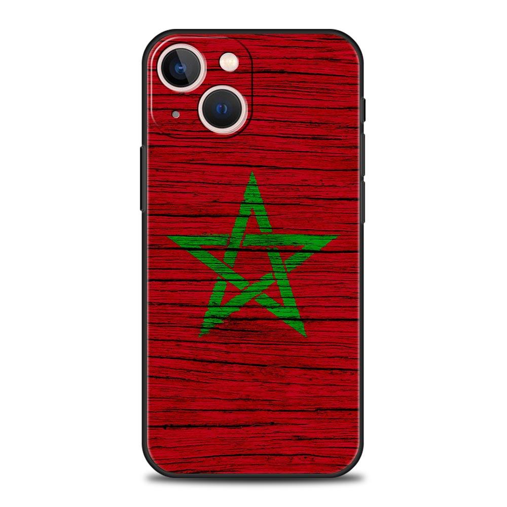 Morocco Flag Soccer Luxury Protection Soft Phone Case For iPhone 13 15 14 12 11 Pro MAX XR X SE XS 7 8 Plus Black Full Cover