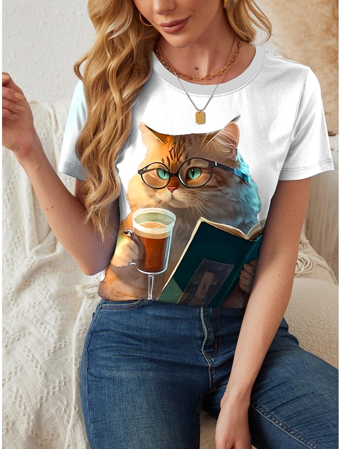 

Женские забавные принты животных и кошек Футболки с коротким рукавом Топы с 3D-принтами Футболка с круглым вырезом Летняя повседневная женская одежда Одежда 3XL
