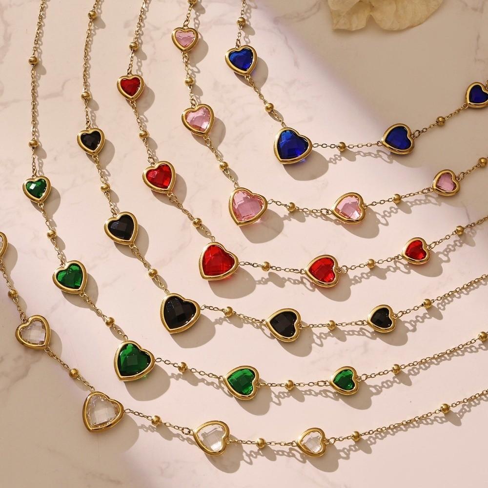 Vintage Heart Glass Necklace Stainless Steel Earrings Hand Chain Heart-shaped Jewelry Set  Gift