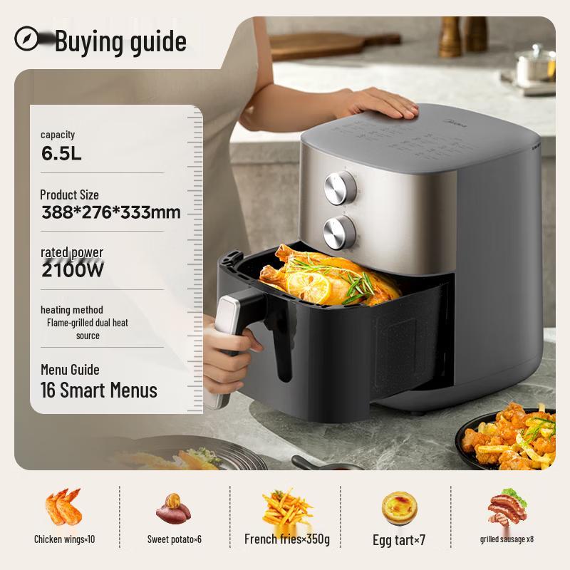 Midea 6.5L Dual-Heating No-Flip Air Fryer with Visual Window CN Plug (adapter Included)