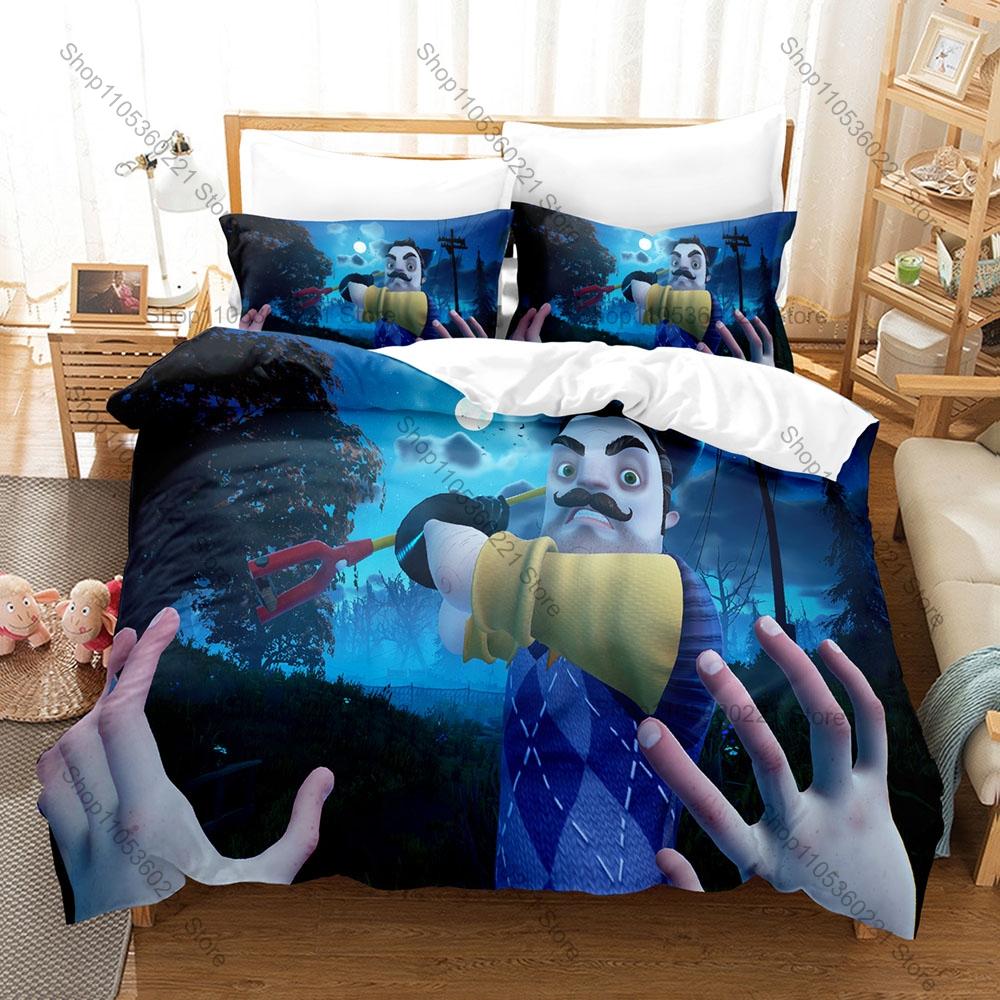 Strašidelný Mystery Hello Neighbor 2 Hra Potisk Povlak na peřinu + 2 Povlaky na polštář Měkké Mikrovlákno Teenagerovský Herní Pokoj Ložní prádlo