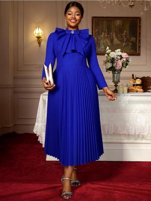 Robes Plissées Élégantes A-Line pour Femmes Volants Grand Nœud Manches Longues Église Soirée Anniversaire Mariage Invité Automne Nouvelle Occasion
