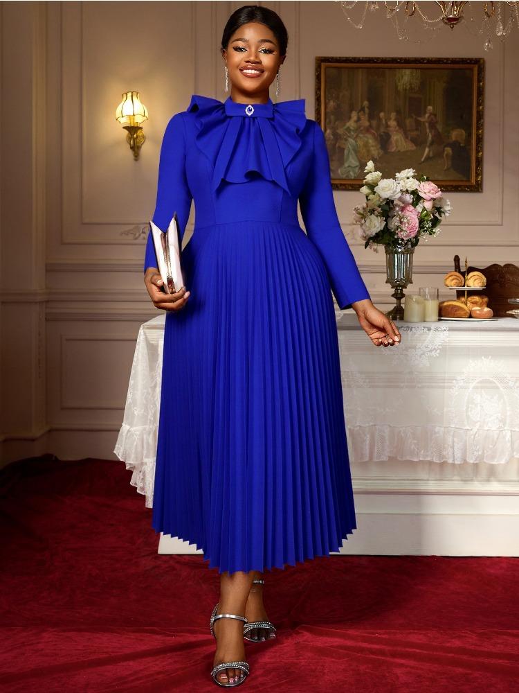 Elegant Women A Line Pleated Dresses Ruffles Big Bow Long Sleeves Church Evening Party Birthday Wedding Guest Autum New Occasion