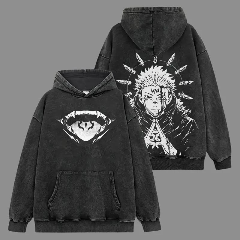 Anime Jujutsu Kaisen Ryomen Sukuna Printing Hooded Men Women Cotton Hoodies Vintage Washed Pullover Harajuku Male Sweatshirt