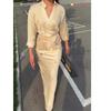2025 New Fashion: Elegant Satin Long Sleeve Tie-Up Top & Midi Skirt