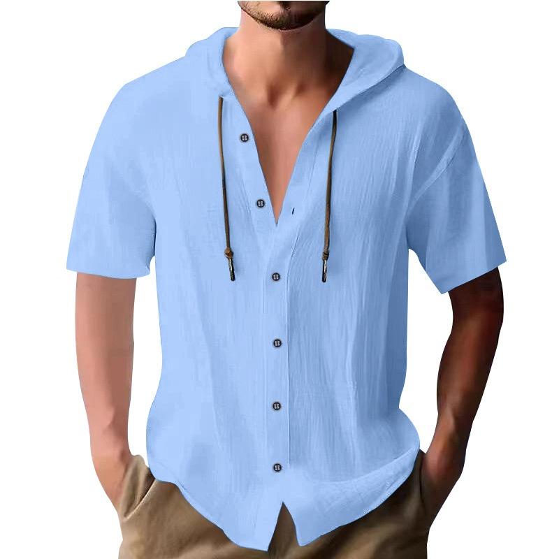 Men's Solid-color Casual Short-sleeved Shirt with A Hooded Drawstring Cotton Cardigan Is Trendy, Versatile and Loose