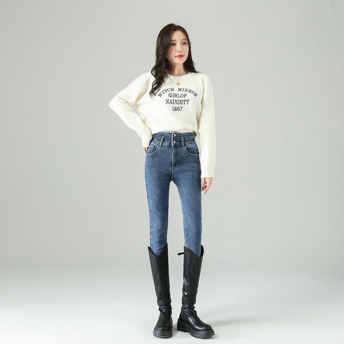 

Джинсы для женщин на осень и зиму Эластичные брюки-карандаш для женщин на осень и зиму Плюс бархатные джинсы для женщин на осень и зиму 32