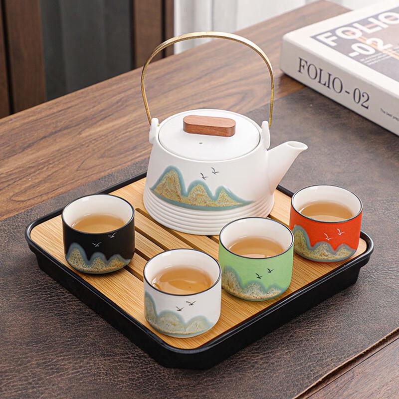 AiQiYixuan DH Distant Mountain Black Pottery Travel Tea Set 1 Pot 4 Cups + Small Tea Tray