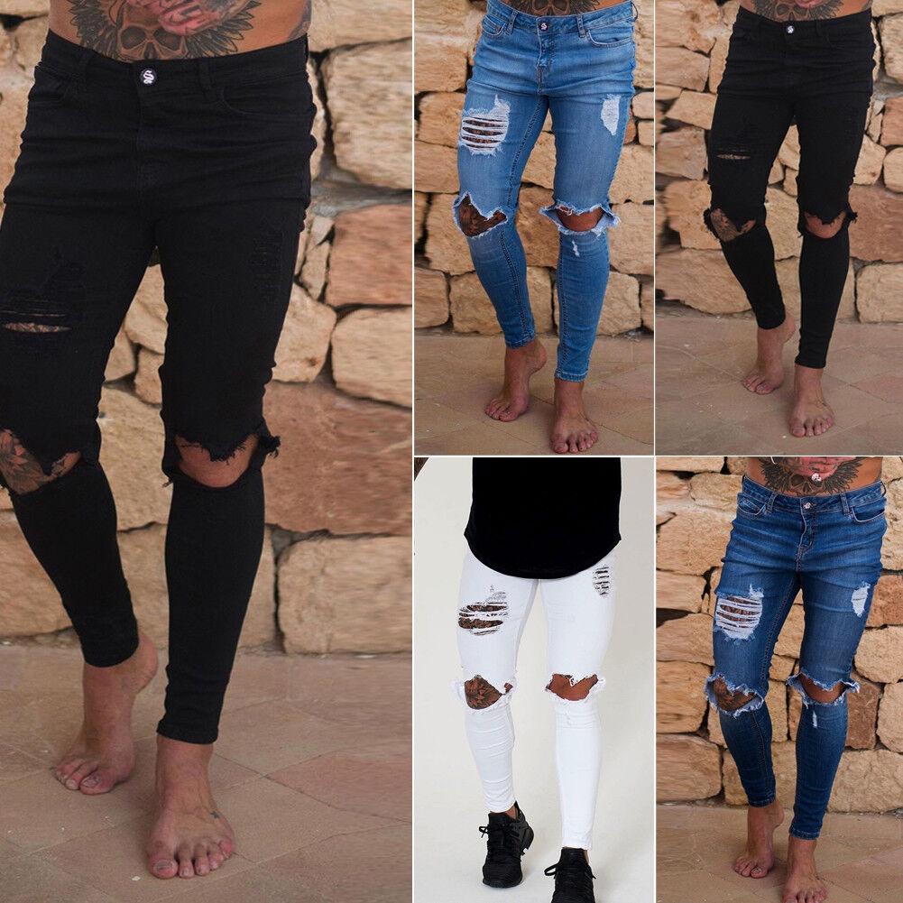 Premium Quality Slim Destroyed Stretchy Ripped Skinny Biker Jeans For Men Taped Fit Denim Pants