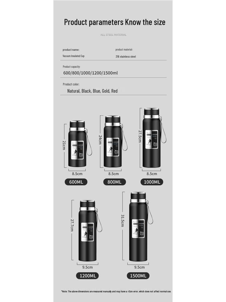316 Stainless Steel Insulated Water Cup with Tea Infuser - 1000ml/1500ml, Large Capacity for Car, Students, and Outdoor Use