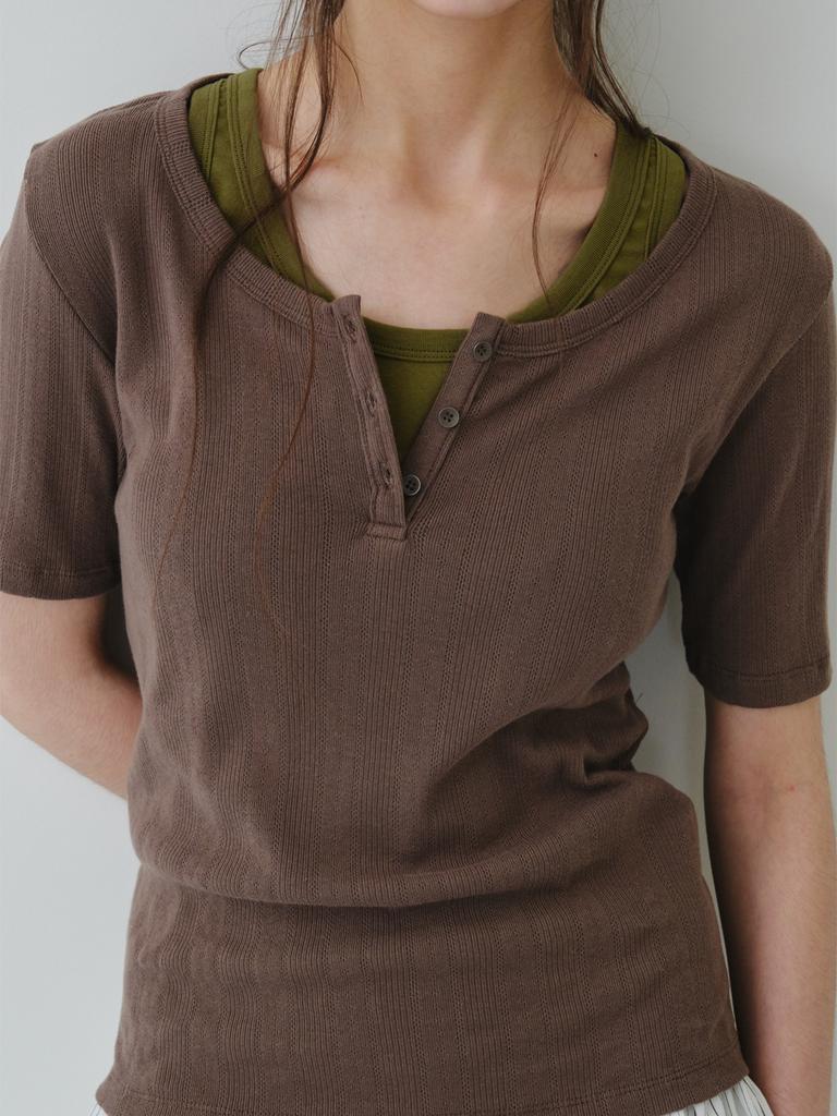 Reply Pointelle Henley Neck Top_Dark Brown