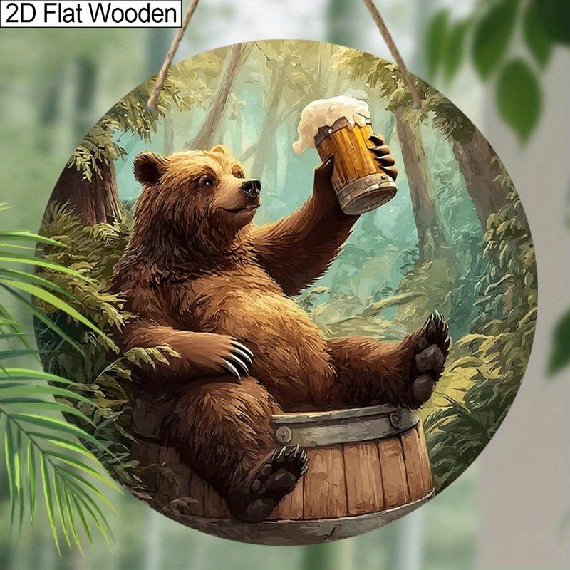 2D Flat, 1 PC Funny Animal Theme - Raise The Beer Glass Bear Pattern Wooden Hanging Decorative Sign and Plaque, Wall Art Signs Farmhouse Decor
