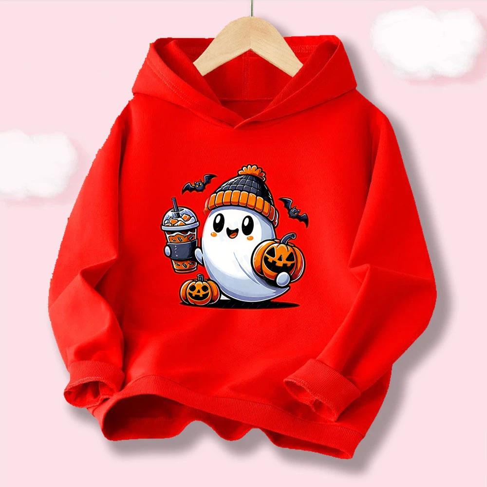 Kawaii Boys' & Girls' Halloween Hoodie "LOVE" Letter with Pumpkin and Skull Print, Casual Kids' Hooded Top