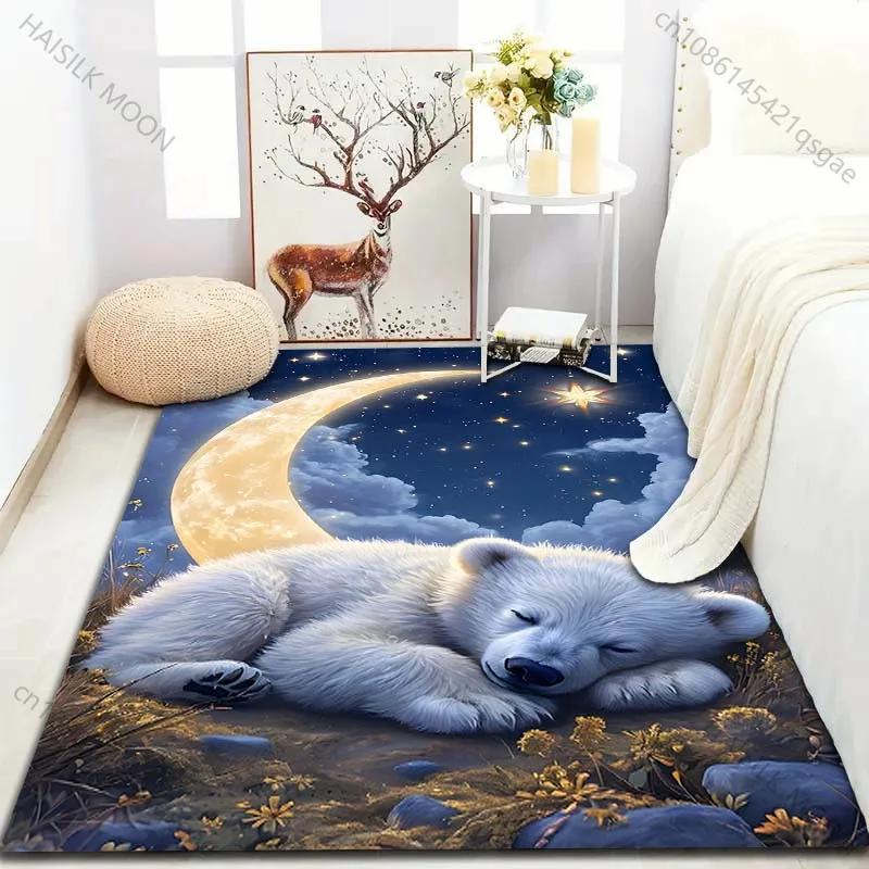 Kleiner Bär im Mondschein Druck Teppich für Schlafzimmer Wohnzimmer Büro Waschbare Teppiche Rutschfest Moderner Stil Heimtür Dekor Matte