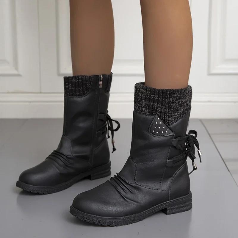 Gestrickte Mid-Calf-Stiefel mit niedrigem Absatz, Schnürung hinten, Reißverschluss an der Seite, Schuhe mit runder Zehenpartie, Damenschuhe