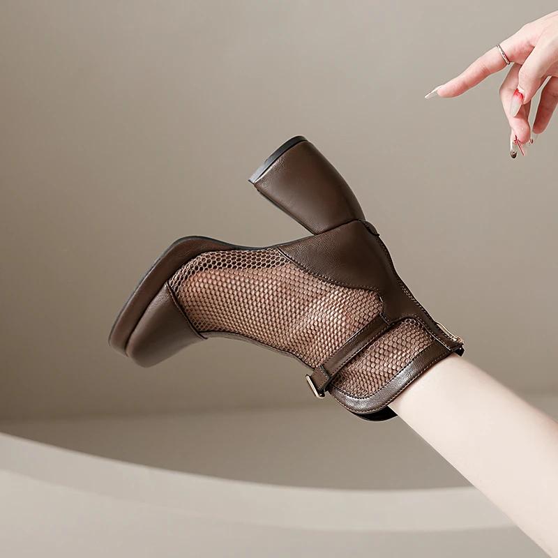 2025 Mesh Women's Boots Breathable Square Toe Back Zip Chunky Heels Ankle Sandals Boots Elegant Buckle Modern Boots