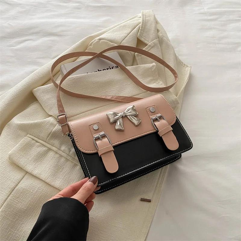 

Fashion Compact Square Crossbody Bags Flap Shoulder Bag With Bow Ornament For Summer Travel Daily Used Premium